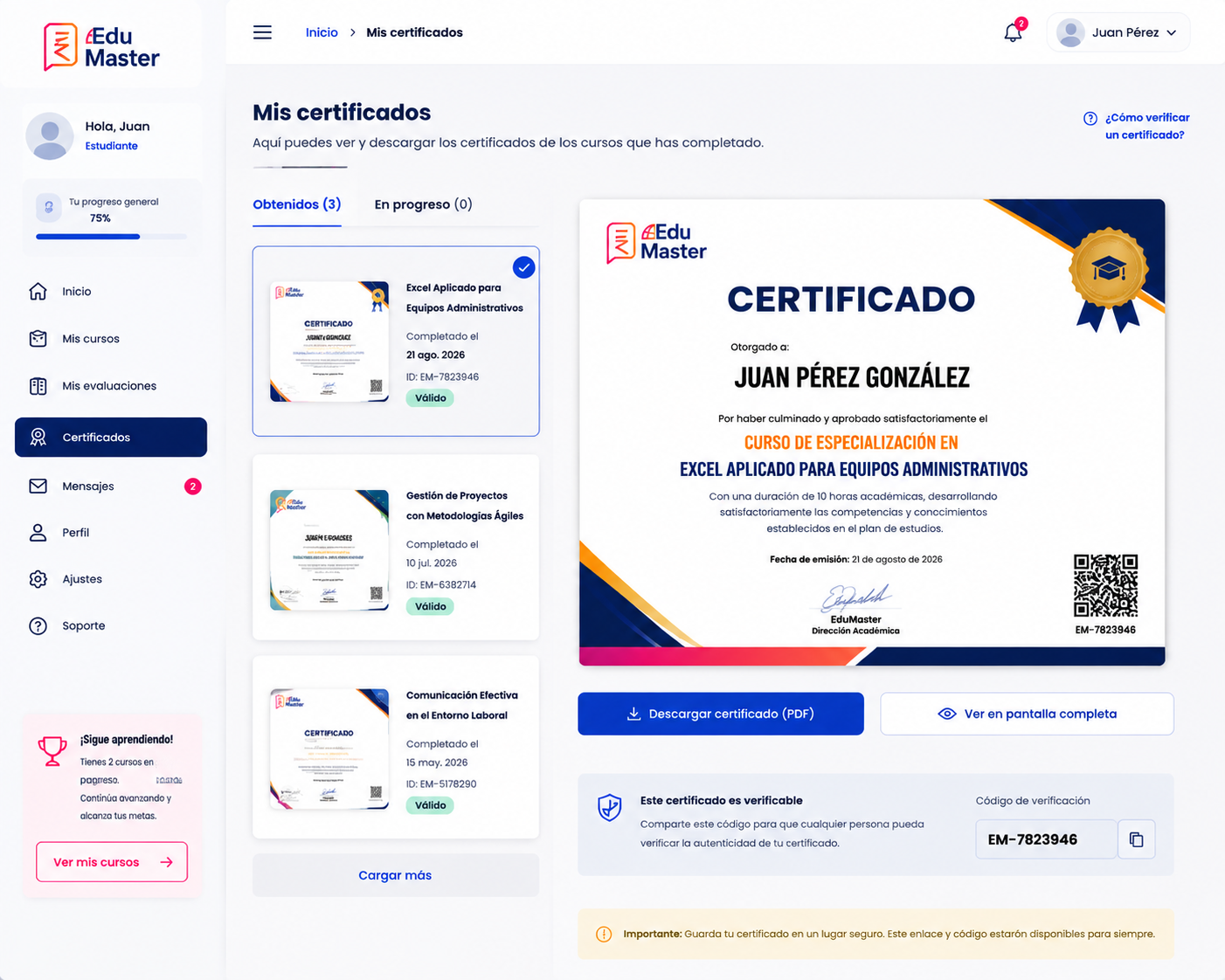 Certificado emitido por el aula virtual